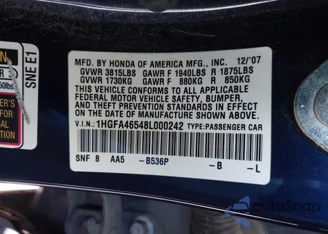 2008 Honda Civic Gx z USA, uszkodzony, nr VIN 1HGFA46548L000242